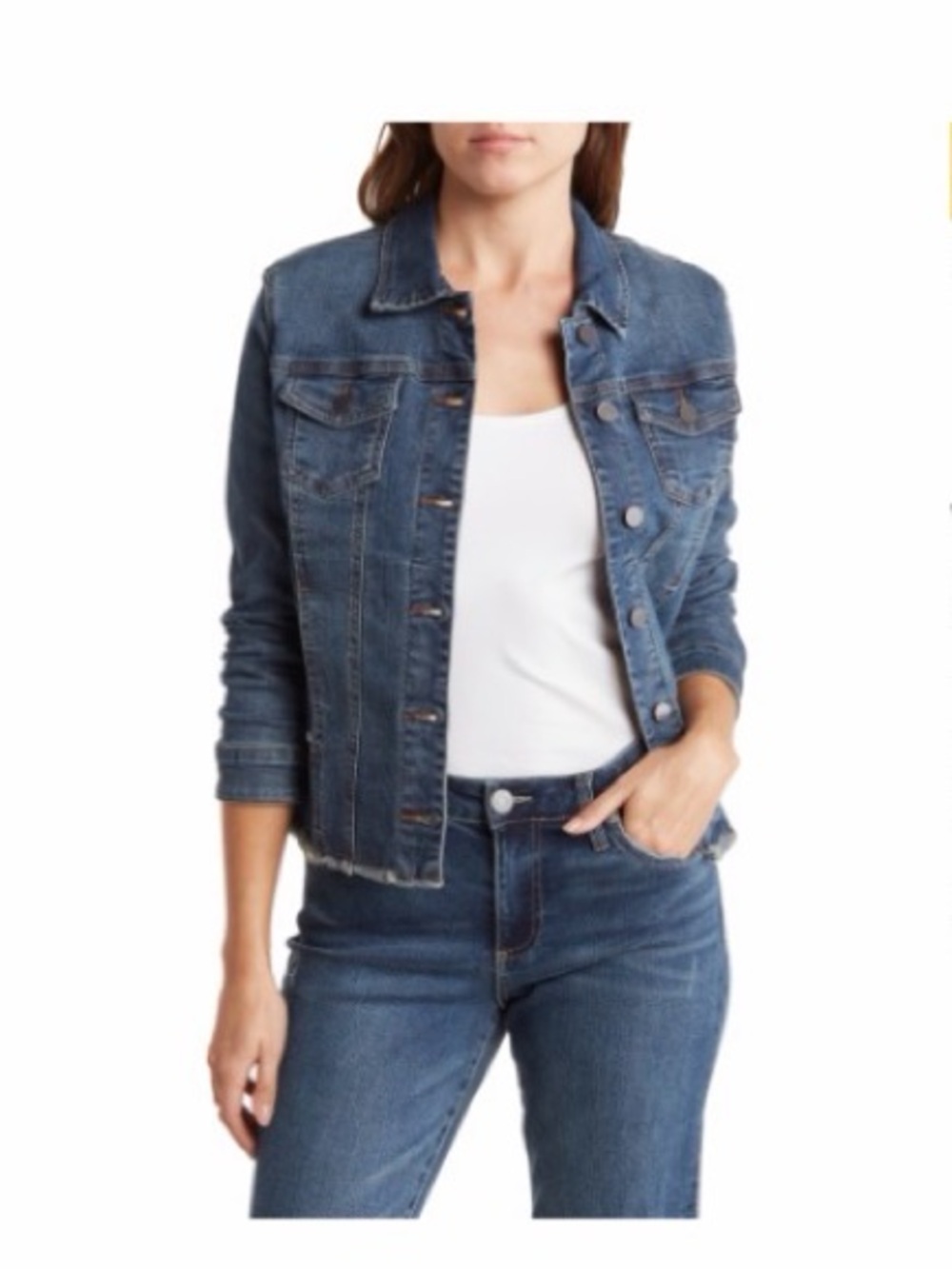 Kut from the Kloth Jill Frayed Hem Denim Jacket in Jonquil (medium rinse)